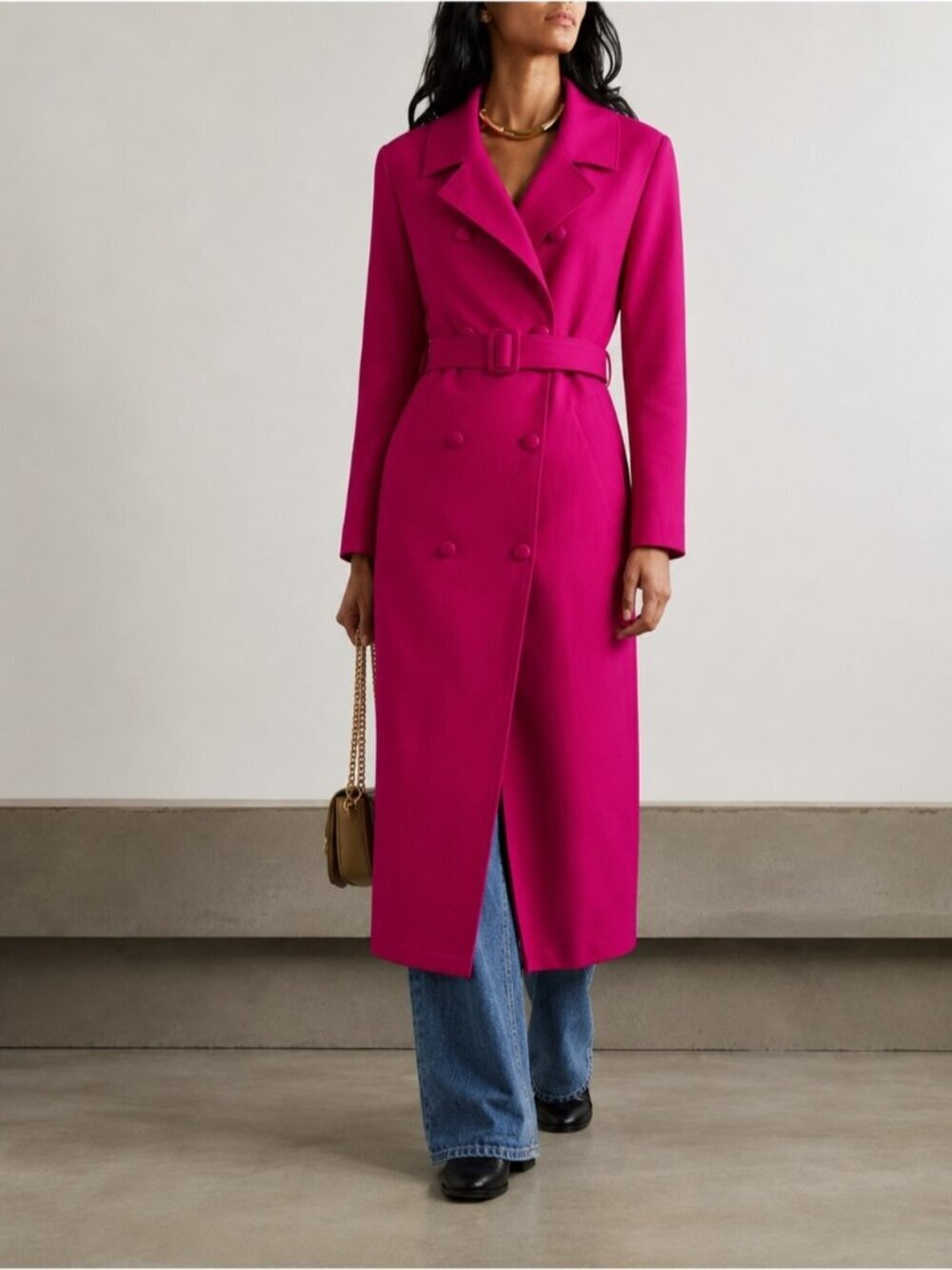 VINTAGE Jackie K. Fuchsia pink double-breasted belted midi trench coat 80s chic